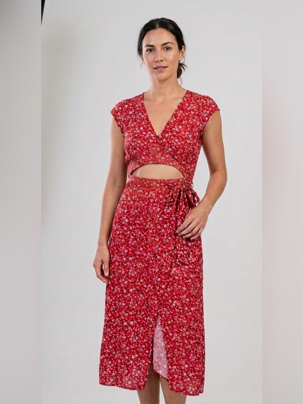 Reformation Floral Midi Wrap Dress with Midriff Cutout Detail - Red & White